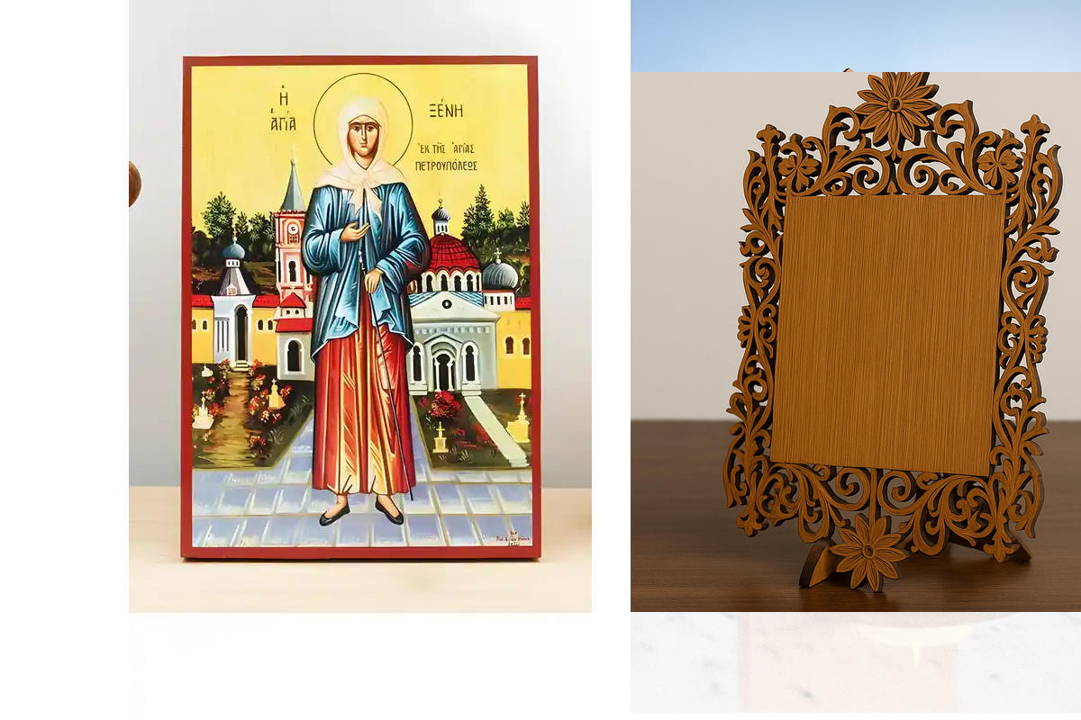 Εικόνα Ορθοδοξίας Δαντέλα μαζι με  Βάση σε  8 χρώματα με περίγραμμα χρυσό σε ξύλο Plywood (Πλακάζ)   με  βάση Αγία Ξένια της Αγίας Πετρούπολης "ανόητη για τον Χριστό", Ξύλινη Χειροποίητη Εικόνα Ελληνικού Premium Βυζαντινού Στυλ τοίχου Κρεμασμένη σε Ξύλινη