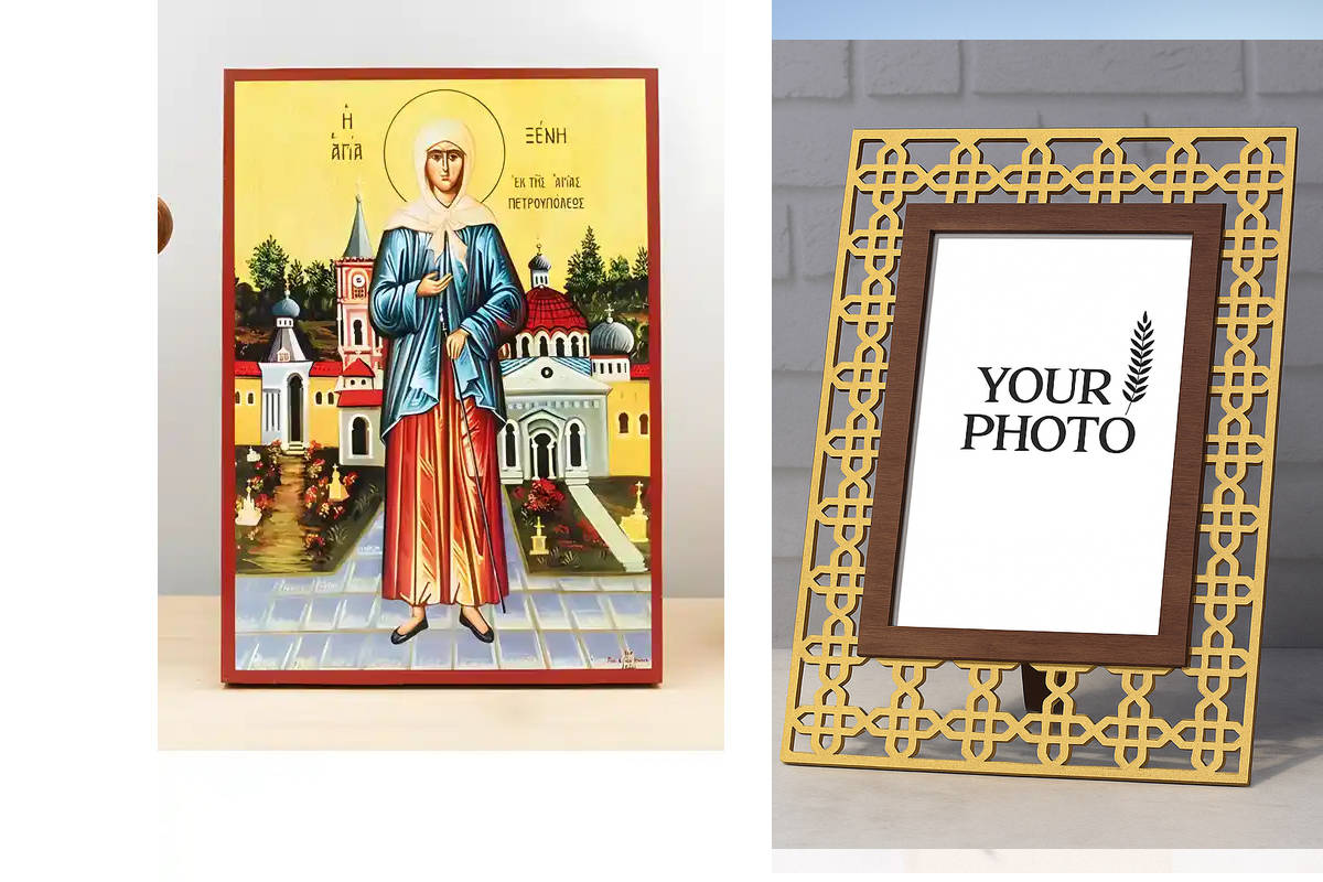 Εικόνα Ορθοδοξίας Πολυτελείας  με  σχεδιο Σταυρούς μαζι με  Βάση σε  8 χρώματα με περίγραμμα χρυσό σε ξύλο Plywood (Πλακάζ)   με  βάση Αγία Ξένια της Αγίας Πετρούπολης "ανόητη για τον Χριστό", Ξύλινη Χειροποίητη Εικόνα Ελληνικού Premium Βυζαντινού Στυλ το