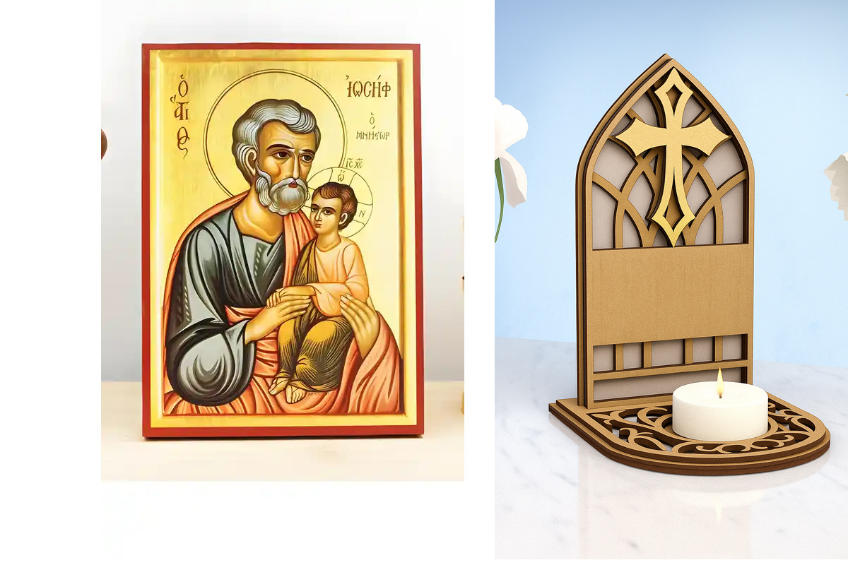 Εικόνα Ορθοδοξίας Καντηλάκι σε  8 χρώματα με περίγραμμα χρυσό σε ξύλο Plywood (Πλακάζ)   με  βάση Άγιος Ιωσήφ ο Αρραβωνιαστικός, Ξύλινη Χειροποίητη Εικόνα Ελληνικού Βυζαντινού Στυλ Κρεμασμένη σε ξύλινη πλάκα Χειροποίητη Ελληνορθόδοξη εικόνα του Ιησού Χρισ
