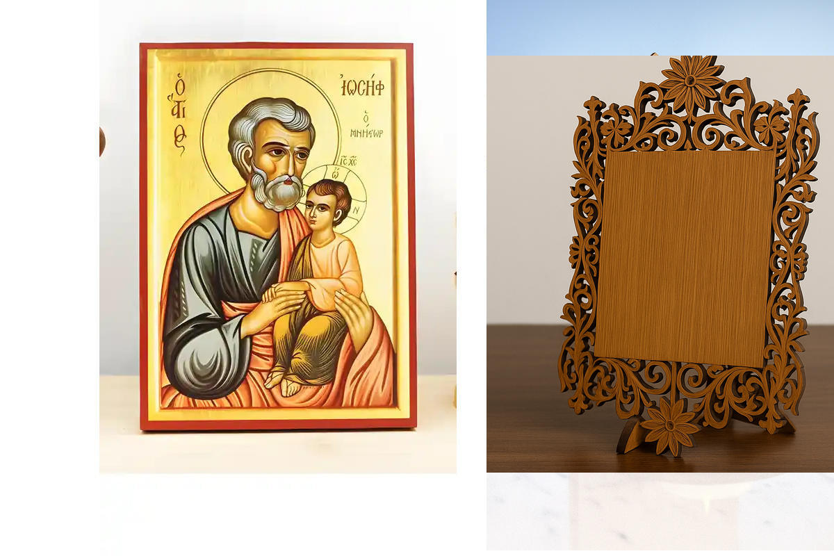 Εικόνα Ορθοδοξίας Δαντέλα μαζι με  Βάση σε  8 χρώματα με περίγραμμα χρυσό σε ξύλο Plywood (Πλακάζ)   με  βάση Άγιος Ιωσήφ ο Αρραβωνιαστικός, Ξύλινη Χειροποίητη Εικόνα Ελληνικού Βυζαντινού Στυλ Κρεμασμένη σε ξύλινη πλάκα Χειροποίητη Ελληνορθόδοξη εικόνα το
