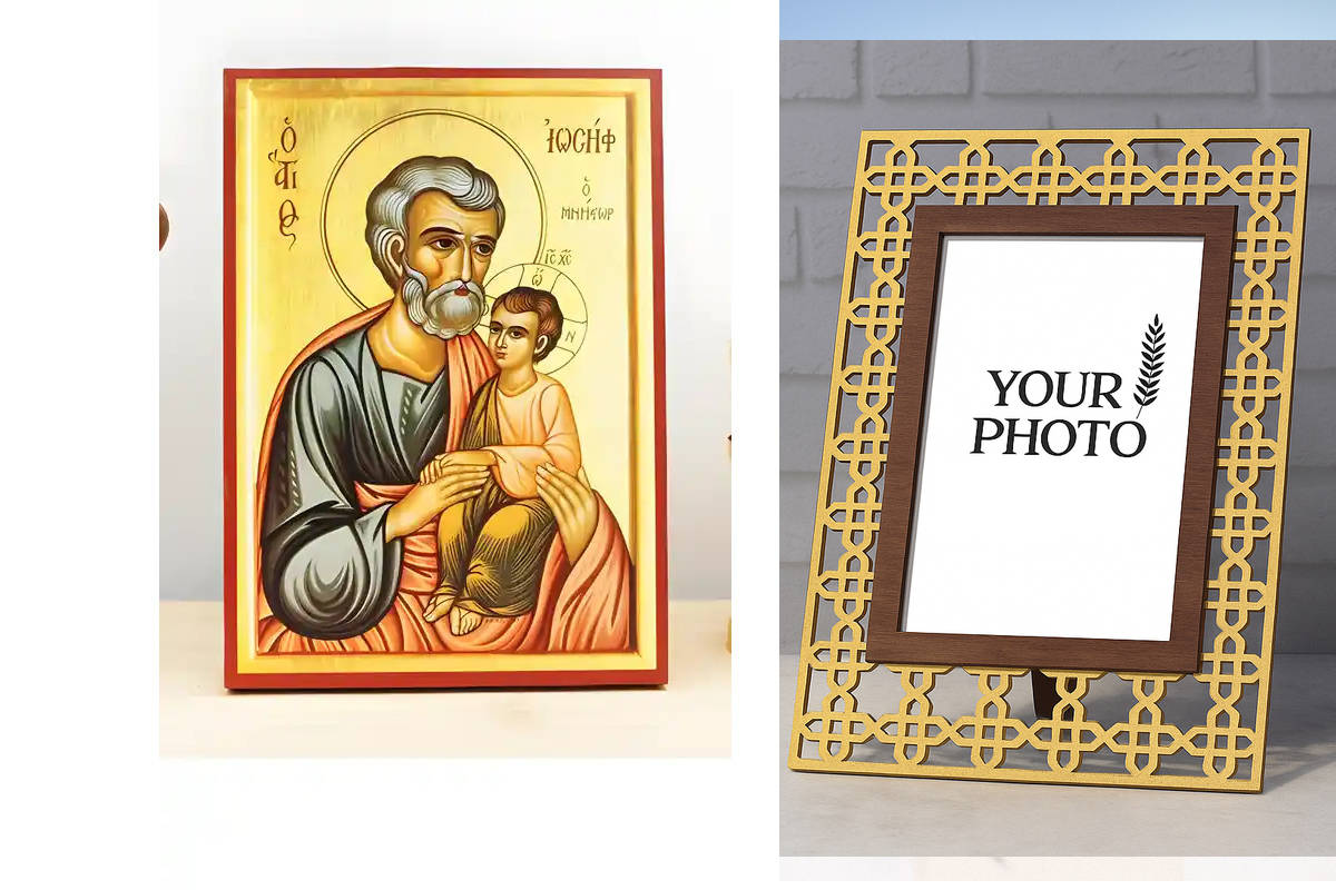 Εικόνα Ορθοδοξίας Πολυτελείας  με  σχεδιο Σταυρούς μαζι με  Βάση σε  8 χρώματα με περίγραμμα χρυσό σε ξύλο Plywood (Πλακάζ)   με  βάση Άγιος Ιωσήφ ο Αρραβωνιαστικός, Ξύλινη Χειροποίητη Εικόνα Ελληνικού Βυζαντινού Στυλ Κρεμασμένη σε ξύλινη πλάκα Χειροποίητ