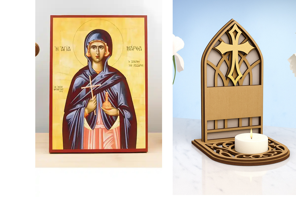 Εικόνα Ορθοδοξίας Καντηλάκι σε  8 χρώματα με περίγραμμα χρυσό σε ξύλο Plywood (Πλακάζ)   με  βάση Η Αγία Μάρθα της Βηθανίας, αδελφή του Λαζάρου, Ξύλινη Χειροποίητη Εικόνα Ελληνικής Κορυφαίας Βυζαντινής Στυλ Κρεμασμένη σε ξύλινη πλάκα Θρησκευτικό Χειροποίη