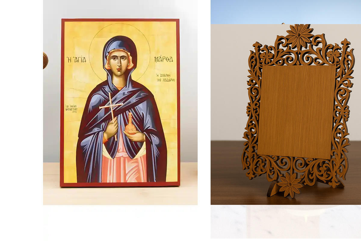 Εικόνα Ορθοδοξίας Δαντέλα μαζι με  Βάση σε  8 χρώματα με περίγραμμα χρυσό σε ξύλο Plywood (Πλακάζ)   με  βάση Η Αγία Μάρθα της Βηθανίας, αδελφή του Λαζάρου, Ξύλινη Χειροποίητη Εικόνα Ελληνικής Κορυφαίας Βυζαντινής Στυλ Κρεμασμένη σε ξύλινη πλάκα Θρησκευτι