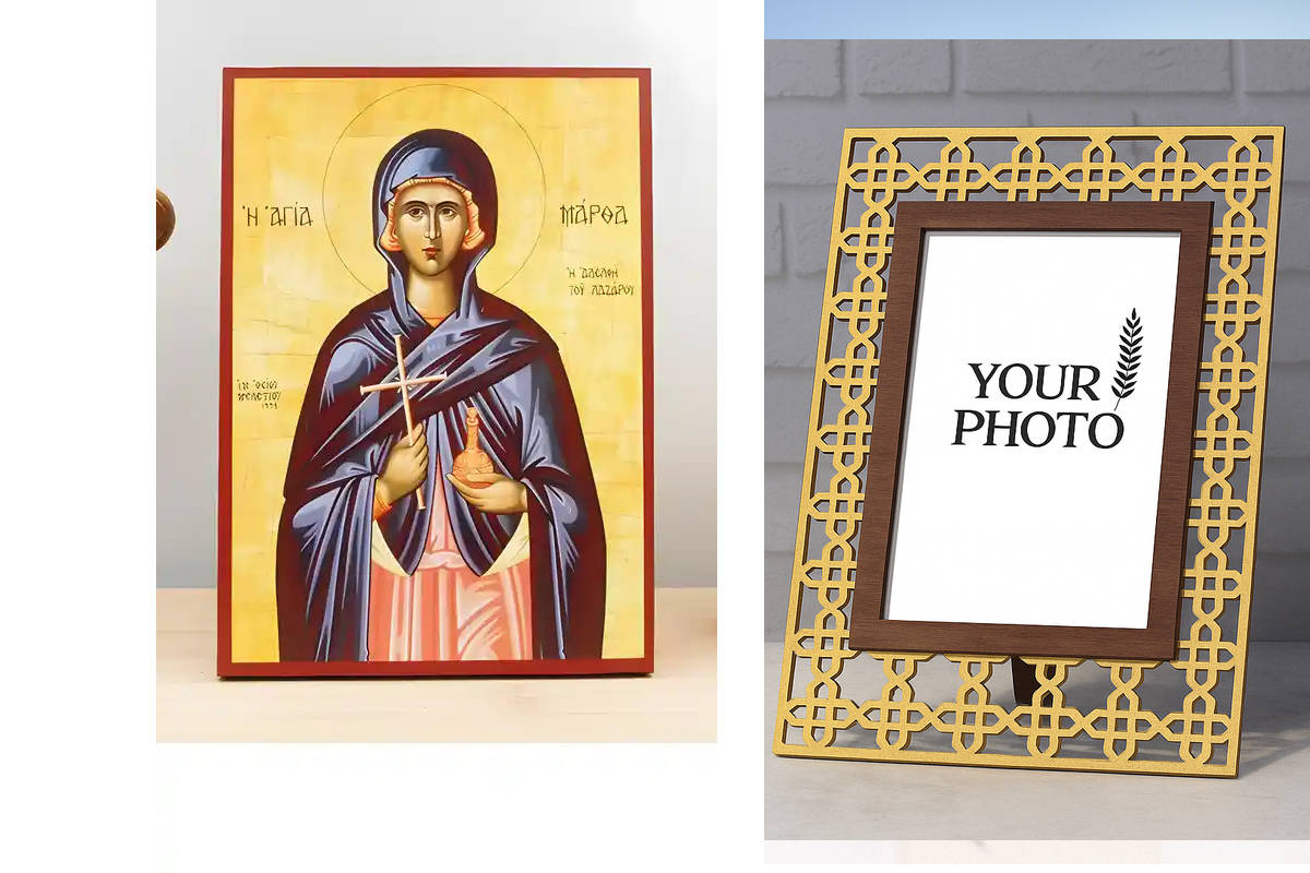 Εικόνα Ορθοδοξίας Πολυτελείας  με  σχεδιο Σταυρούς μαζι με  Βάση σε  8 χρώματα με περίγραμμα χρυσό σε ξύλο Plywood (Πλακάζ)   με  βάση Η Αγία Μάρθα της Βηθανίας, αδελφή του Λαζάρου, Ξύλινη Χειροποίητη Εικόνα Ελληνικής Κορυφαίας Βυζαντινής Στυλ Κρεμασμένη