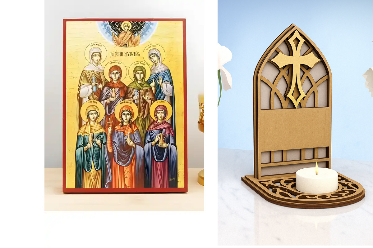 Εικόνα Ορθοδοξίας Καντηλάκι σε  8 χρώματα με περίγραμμα χρυσό σε ξύλο Plywood (Πλακάζ)   με  βάση The Seven Myrrhbearers, Ξύλινη Χειροποίητη Εικόνα Ελληνικού Premium Βυζαντινού Στυλ Κρεμασμένο σε ξύλινη πλάκα Χειροποίητη Ελληνορθόδοξη εικόνα του Ιησού Χρι