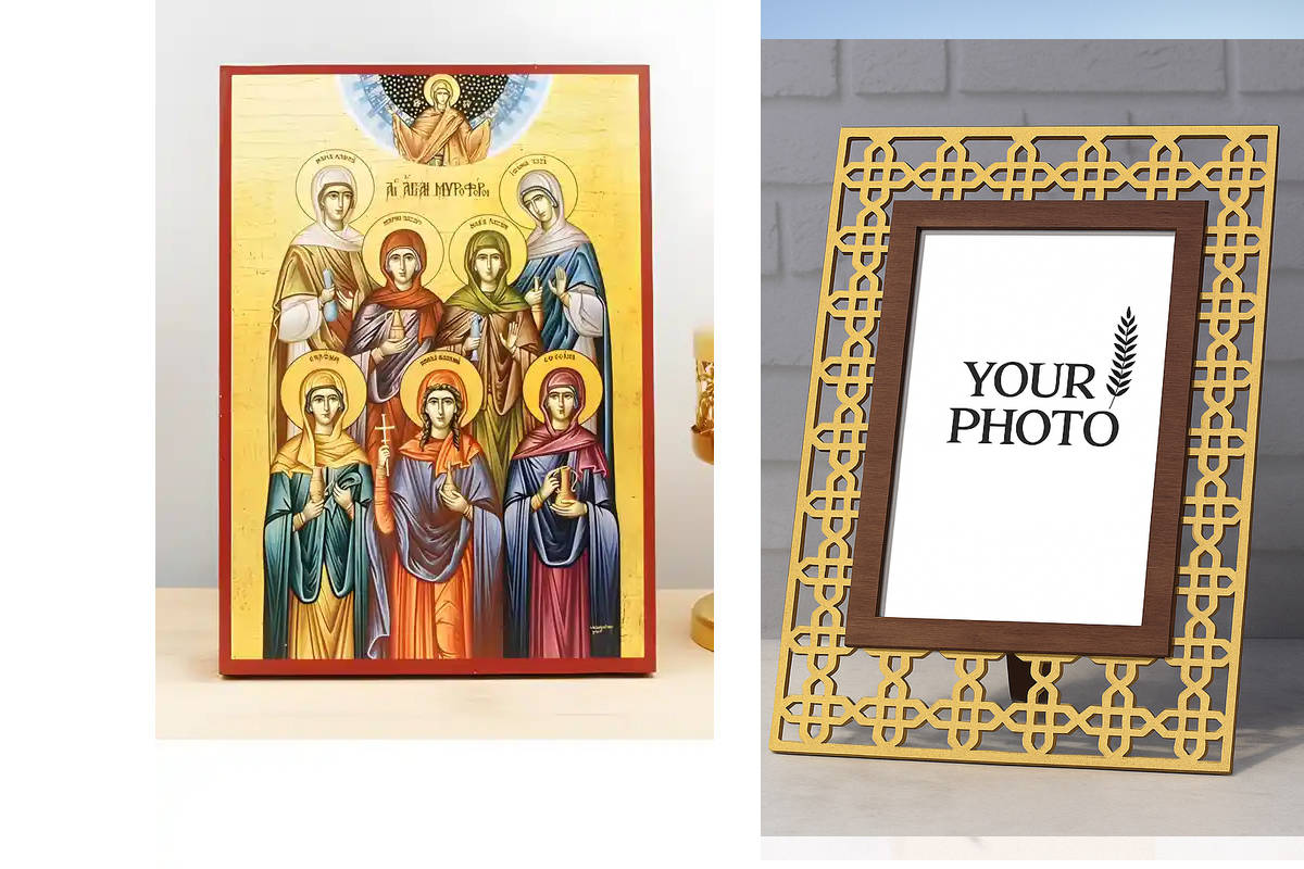 Εικόνα Ορθοδοξίας Πολυτελείας  με  σχεδιο Σταυρούς μαζι με  Βάση σε  8 χρώματα με περίγραμμα χρυσό σε ξύλο Plywood (Πλακάζ)   με  βάση The Seven Myrrhbearers, Ξύλινη Χειροποίητη Εικόνα Ελληνικού Premium Βυζαντινού Στυλ Κρεμασμένο σε ξύλινη πλάκα Χειροποίη