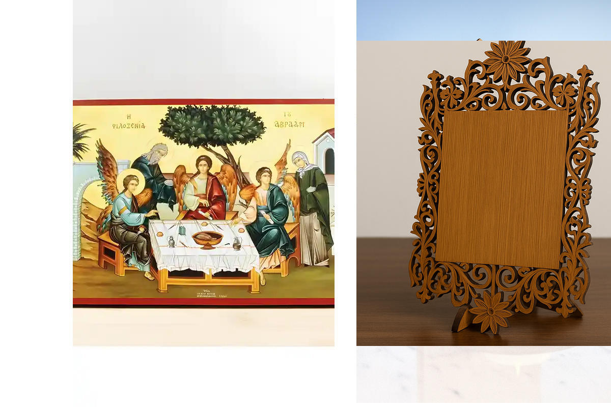 Εικόνα Ορθοδοξίας Δαντέλα μαζι με  Βάση σε  8 χρώματα με περίγραμμα χρυσό σε ξύλο Plywood (Πλακάζ)   με  βάση Η Φιλοξενία του Αβραάμ και της Σάρας, Ξύλινη Χειροποίητη Εικόνα Ελληνικού Βυζαντινού Στυλ τοίχου που κρέμεται σε ξύλινη πλάκα Θρησκευτικό θέμα Χε