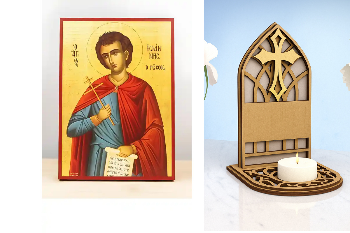 Εικόνα Ορθοδοξίας Καντηλάκι σε  8 χρώματα με περίγραμμα χρυσό σε ξύλο Plywood (Πλακάζ)   με  βάση Άγιος Ιωάννης ο Ρώσος, Ξύλινη Χειροποίητη Εικόνα Ελληνικής Premium Βυζαντινού Στυλ Κρεμασμένη σε ξύλινη πλάκα Χειροποίητη Ελληνορθόδοξη εικόνα του Ιησού Χρισ
