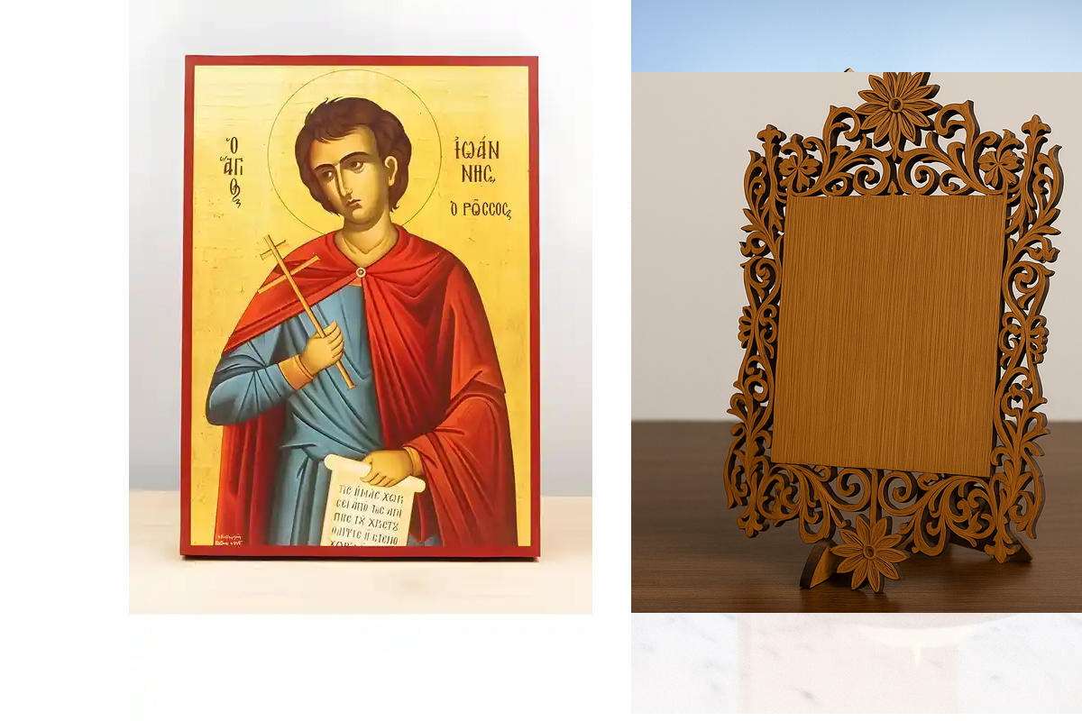 Εικόνα Ορθοδοξίας Δαντέλα μαζι με  Βάση σε  8 χρώματα με περίγραμμα χρυσό σε ξύλο Plywood (Πλακάζ)   με  βάση Άγιος Ιωάννης ο Ρώσος, Ξύλινη Χειροποίητη Εικόνα Ελληνικής Premium Βυζαντινού Στυλ Κρεμασμένη σε ξύλινη πλάκα Χειροποίητη Ελληνορθόδοξη εικόνα το