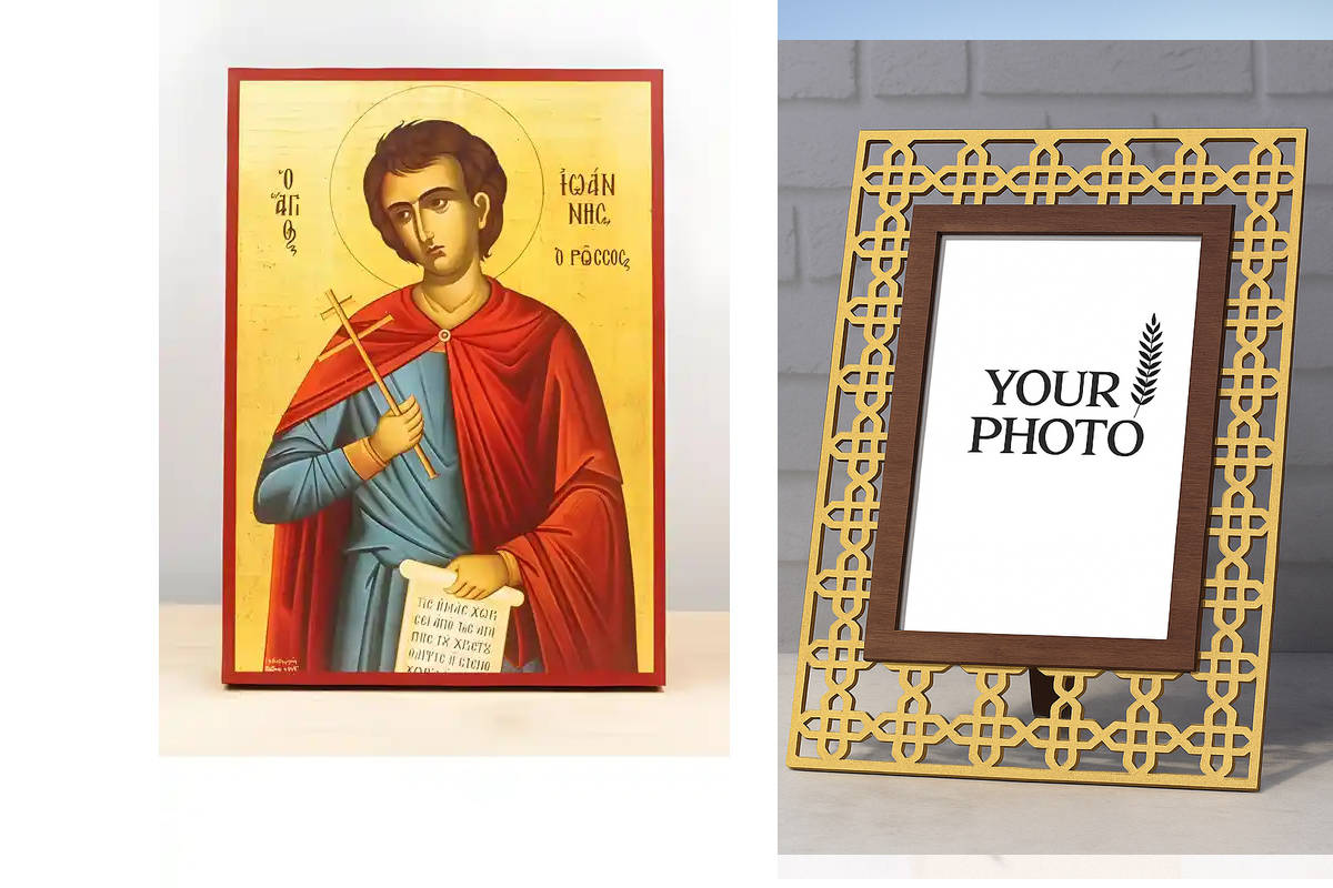 Εικόνα Ορθοδοξίας Πολυτελείας  με  σχεδιο Σταυρούς μαζι με  Βάση σε  8 χρώματα με περίγραμμα χρυσό σε ξύλο Plywood (Πλακάζ)   με  βάση Άγιος Ιωάννης ο Ρώσος, Ξύλινη Χειροποίητη Εικόνα Ελληνικής Premium Βυζαντινού Στυλ Κρεμασμένη σε ξύλινη πλάκα Χειροποίητ