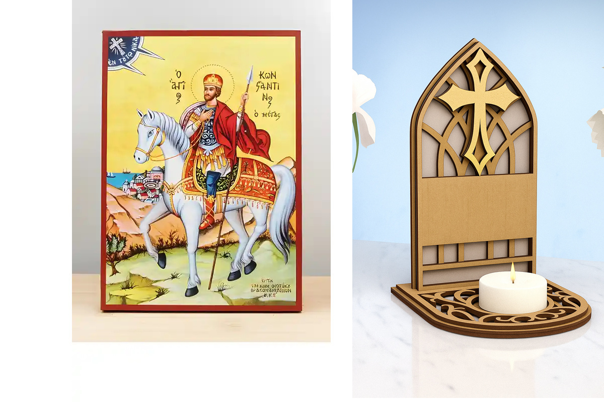 Εικόνα Ορθοδοξίας Καντηλάκι σε  8 χρώματα με περίγραμμα χρυσό σε ξύλο Plywood (Πλακάζ)   με  βάση Ο Άγιος Κωνσταντίνος ο Μέγας έφιππος, Ξύλινη Χειροποίητη Εικόνα Ελληνικής Premium Βυζαντινού Στυλ Κρεμαστή σε ξύλινη πλάκα Χειροποίητη Ελληνορθόδοξη εικόνα τ