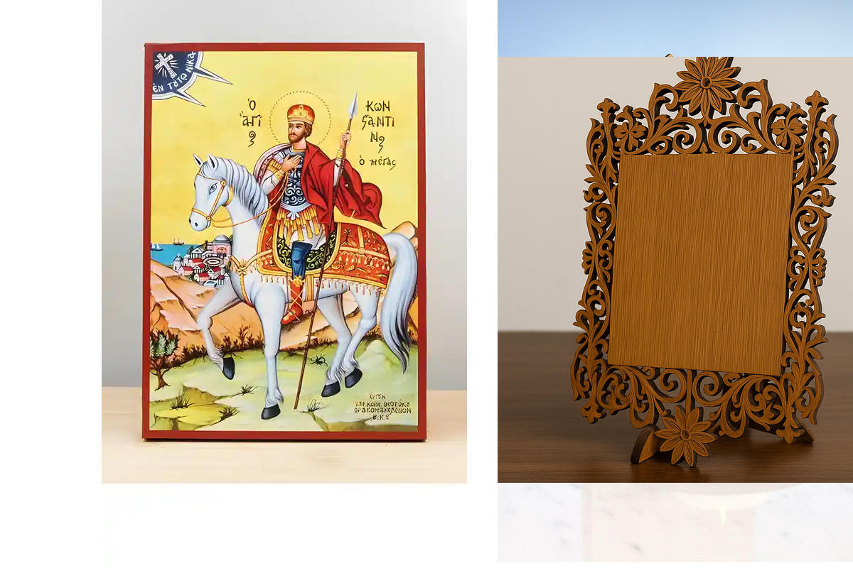 Σετ 2 τεμαχίων – Εικόνα Ορθοδοξίας Δαντέλα μαζι με  Βάση σε  8 χρώματα με περίγραμμα χρυσό σε ξύλο Plywood (Πλακάζ)   με  βάση Ο Άγιος Κωνσταντίνος ο Μέγας έφιππος, Ξύλινη Χειροποίητη Εικόνα Ελληνικής Premium Βυζαντινού Στυλ Κρεμαστή σε ξύλινη πλάκα Χειρο