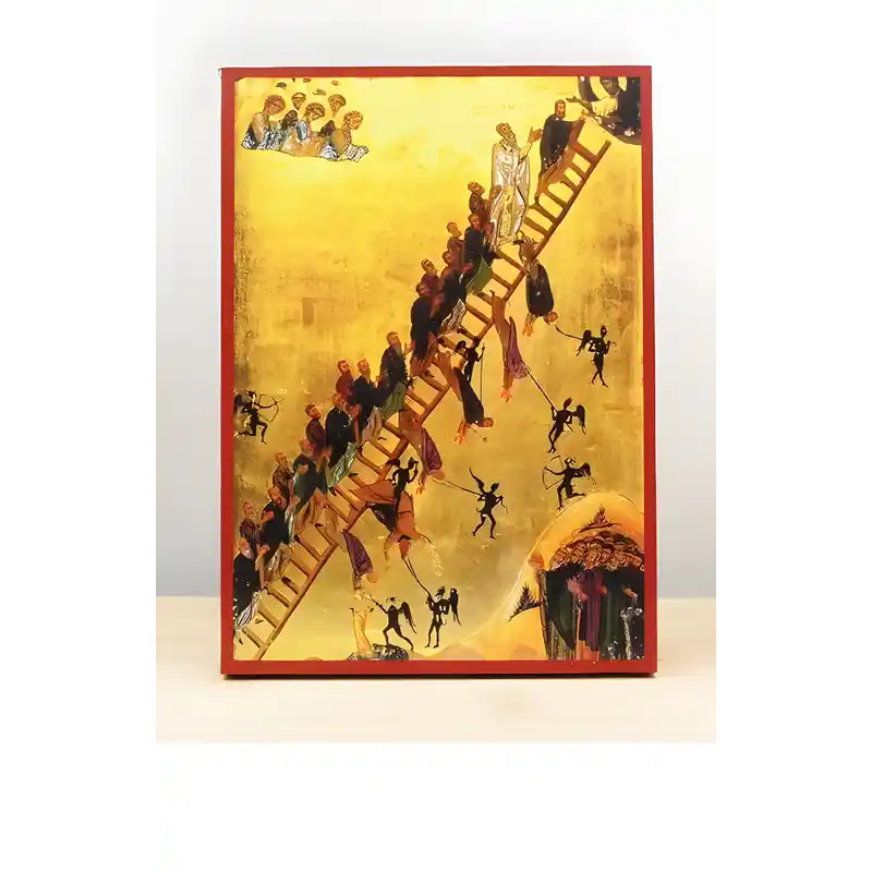 Σετ των 2 Εικόνα Ορθοδοξίας με περίγραμμα χρυσό σε ξύλο Φλαμουρίας  με  βάση The Ladder of Divine Ascent, Ξύλινη Χειροποίητη Εικόνα Ελληνικού Premium Βυζαντινού Στυλ Κρεμασμένο σε ξύλινη πλάκα Θρησκευτικό θέμα Χειροποίητη Ελληνορθόδοξη εικόνα του Ιησού Χρ