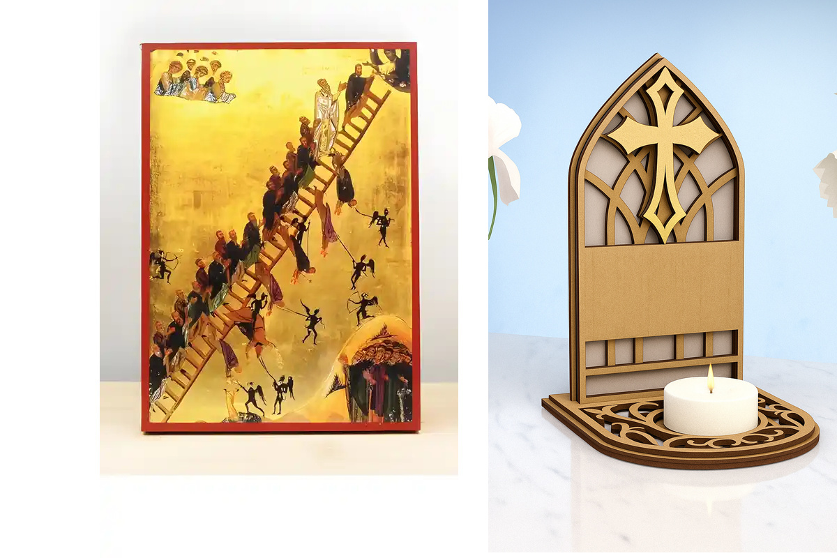 Εικόνα Ορθοδοξίας Καντηλάκι σε  8 χρώματα με περίγραμμα χρυσό σε ξύλο Plywood (Πλακάζ)   με  βάση The Ladder of Divine Ascent, Ξύλινη Χειροποίητη Εικόνα Ελληνικού Premium Βυζαντινού Στυλ Κρεμασμένο σε ξύλινη πλάκα Θρησκευτικό θέμα Χειροποίητη Ελληνορθόδοξ