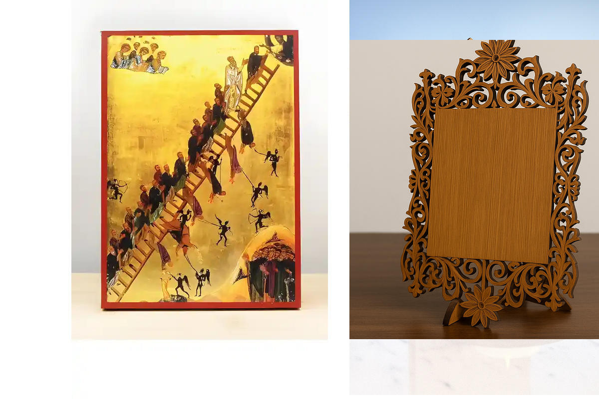 Εικόνα Ορθοδοξίας Δαντέλα μαζι με  Βάση σε  8 χρώματα με περίγραμμα χρυσό σε ξύλο Plywood (Πλακάζ)   με  βάση The Ladder of Divine Ascent, Ξύλινη Χειροποίητη Εικόνα Ελληνικού Premium Βυζαντινού Στυλ Κρεμασμένο σε ξύλινη πλάκα Θρησκευτικό θέμα Χειροποίητη