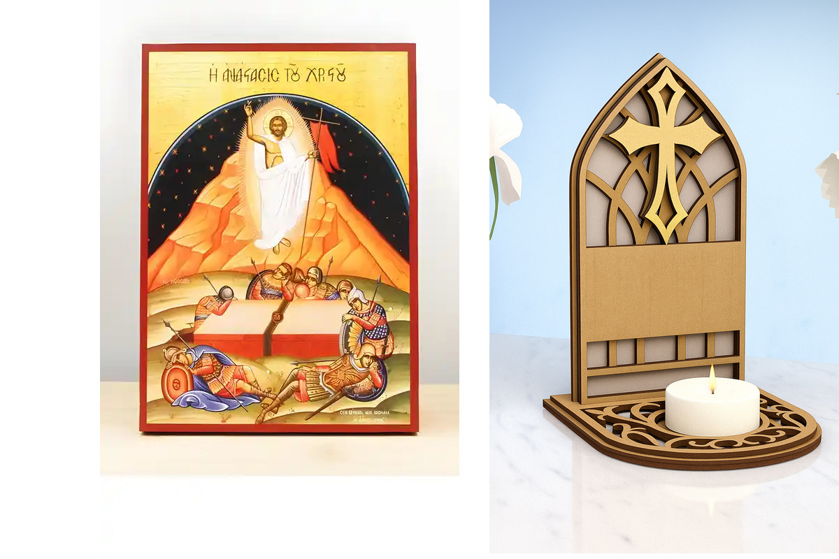 Εικόνα Ορθοδοξίας Καντηλάκι σε  8 χρώματα με περίγραμμα χρυσό σε ξύλο Plywood (Πλακάζ)   με  βάση Λεπτομέρεια Ανάσταση του Ιησού Χριστού, Ξύλινη Χειροποίητη Εικόνα Ελληνικού Premium Βυζαντινού Στυλ Κρεμασμένο σε ξύλινη πλάκα Ορθόδοξο Θρησκευτικό Θέμα Χειρ