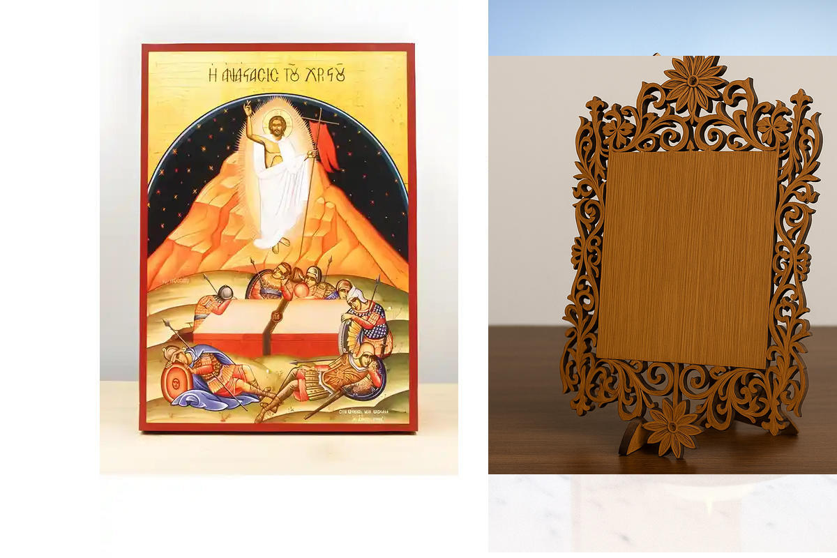 Εικόνα Ορθοδοξίας Δαντέλα μαζι με  Βάση σε  8 χρώματα με περίγραμμα χρυσό σε ξύλο Plywood (Πλακάζ)   με  βάση Λεπτομέρεια Ανάσταση του Ιησού Χριστού, Ξύλινη Χειροποίητη Εικόνα Ελληνικού Premium Βυζαντινού Στυλ Κρεμασμένο σε ξύλινη πλάκα Ορθόδοξο Θρησκευτι