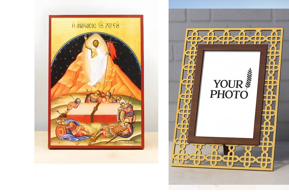 Εικόνα Ορθοδοξίας Πολυτελείας  με  σχεδιο Σταυρούς μαζι με  Βάση σε  8 χρώματα με περίγραμμα χρυσό σε ξύλο Plywood (Πλακάζ)   με  βάση Λεπτομέρεια Ανάσταση του Ιησού Χριστού, Ξύλινη Χειροποίητη Εικόνα Ελληνικού Premium Βυζαντινού Στυλ Κρεμασμένο σε ξύλινη