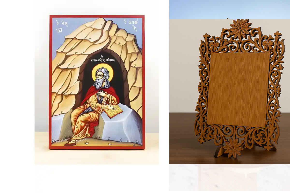 Εικόνα Ορθοδοξίας Δαντέλα μαζι με  Βάση σε  8 χρώματα με περίγραμμα χρυσό σε ξύλο Plywood (Πλακάζ)   με  βάση Άγιος Ιωάννης Κλίμακος του Σινά, συγγραφέας του «The Ladder», Ξύλινη Χειροποίητη Εικόνα Ελληνικού Premium Βυζαντινού Στυλ τοίχου Κρεμασμένη σε ξύ