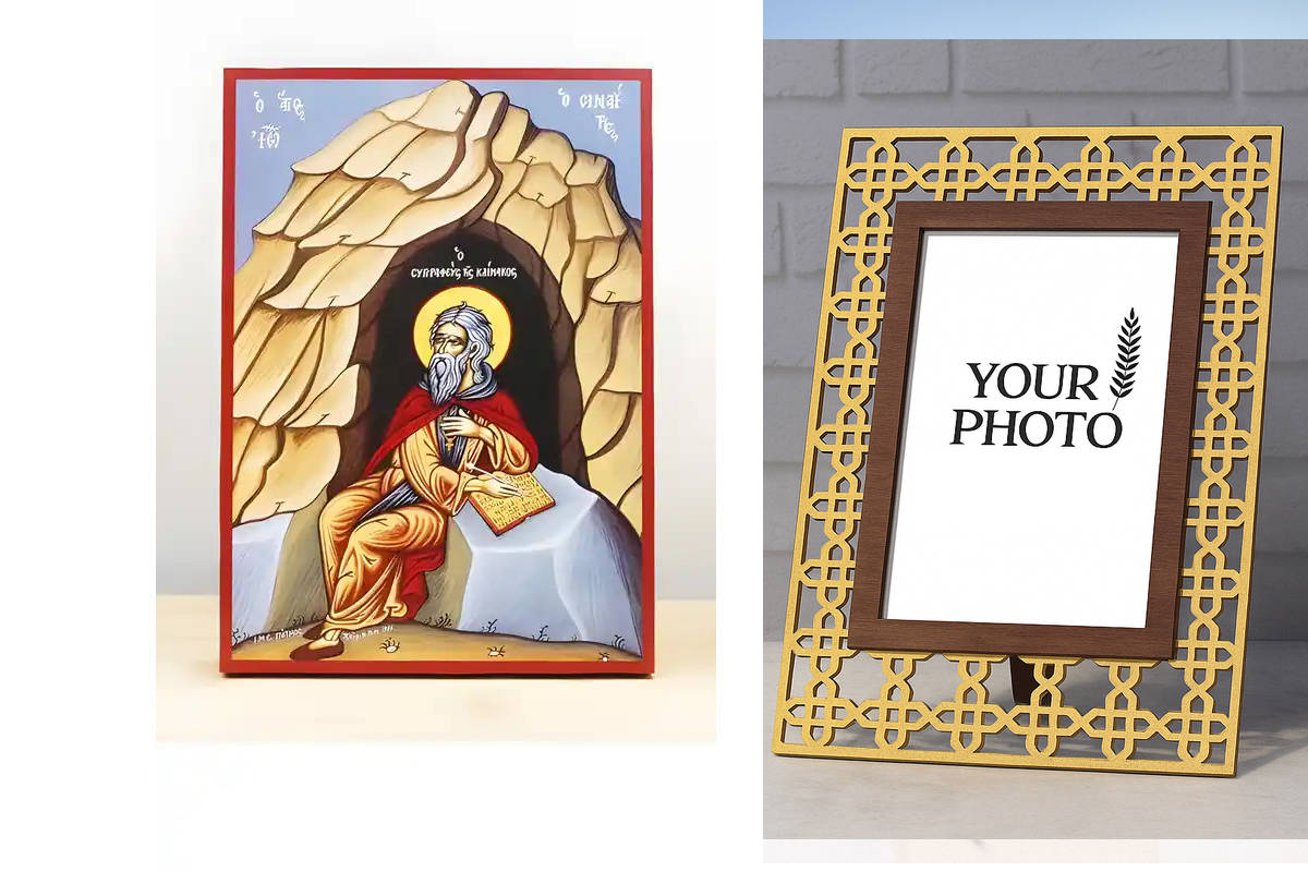 Εικόνα Ορθοδοξίας Πολυτελείας  με  σχεδιο Σταυρούς μαζι με  Βάση σε  8 χρώματα με περίγραμμα χρυσό σε ξύλο Plywood (Πλακάζ)   με  βάση Άγιος Ιωάννης Κλίμακος του Σινά, συγγραφέας του «The Ladder», Ξύλινη Χειροποίητη Εικόνα Ελληνικού Premium Βυζαντινού Στυ