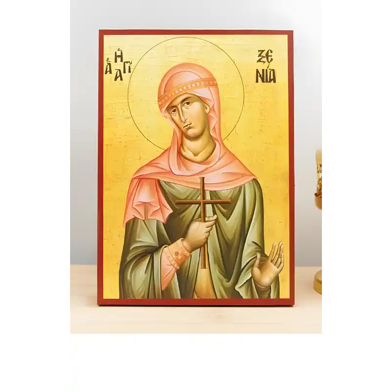 Σετ των 2 Εικόνα Ορθοδοξίας με περίγραμμα χρυσό σε ξύλο Φλαμουρίας  με  βάση Αγία Ξένια η Μεγαλομάρτυς, Ξύλινη Χειροποίητη Εικόνα Ελληνικής Premium Βυζαντινού Στυλ Κρεμαστή σε ξύλινη πλάκα Θρησκευτικό Χειροποίητη Ελληνορθόδοξη εικόνα του Ιησού Χριστού, Κρ