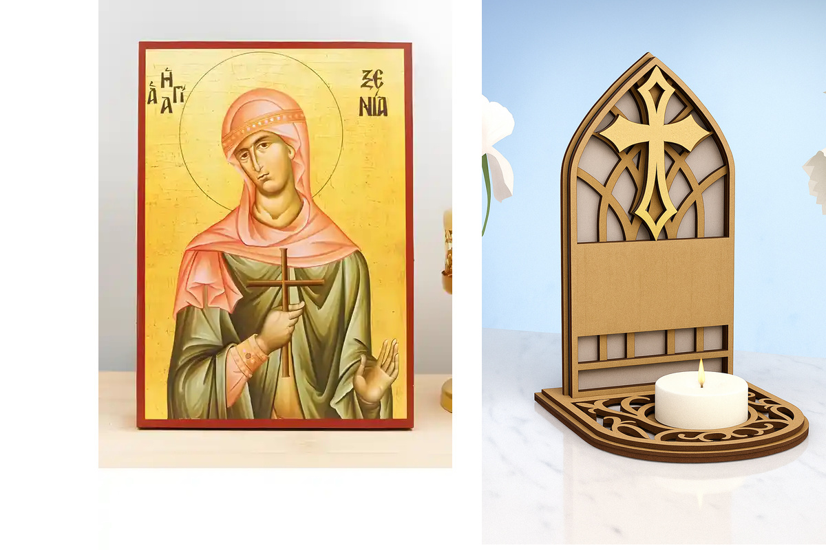 Εικόνα Ορθοδοξίας Καντηλάκι σε  8 χρώματα με περίγραμμα χρυσό σε ξύλο Plywood (Πλακάζ)   με  βάση Αγία Ξένια η Μεγαλομάρτυς, Ξύλινη Χειροποίητη Εικόνα Ελληνικής Premium Βυζαντινού Στυλ Κρεμαστή σε ξύλινη πλάκα Θρησκευτικό Χειροποίητη Ελληνορθόδοξη εικόνα