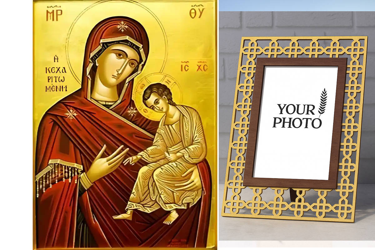 Σετ των 2 Εικόνα Ορθοδοξίας Πολυτελείας  με  σχεδιο Σταυρούς μαζι με  Βάση σε  8 χρώματα με περίγραμμα χρυσό σε ξύλο Plywood (Πλακάζ)   με  βάση Εικόνα Παναγία Οδηγήτρια, Κεχαριτωμένη Χειροποίητη Ελληνορθόδοξη , Κρεμαστή πλάκα βυζαντινής τέχνης, χριστιανι