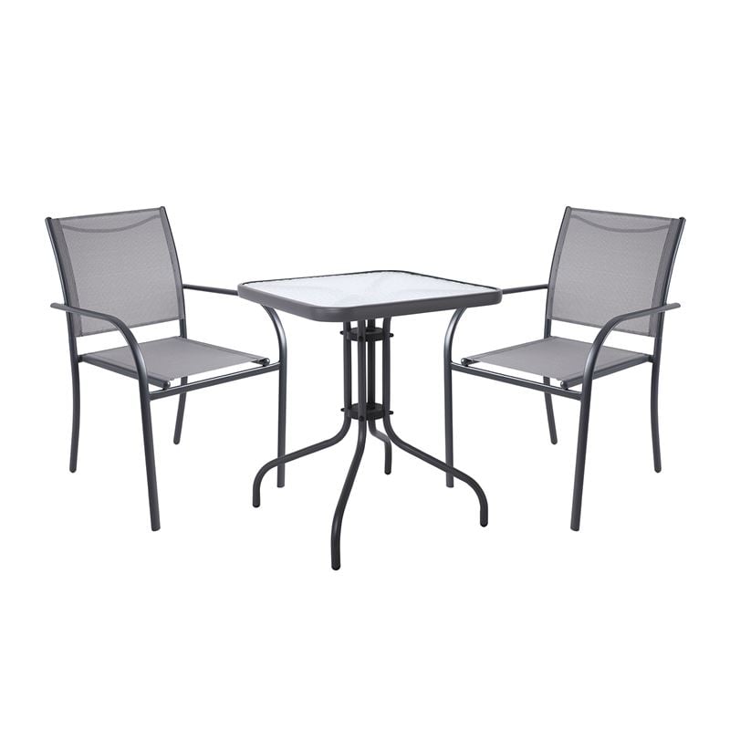 WOODWELL Ε2422,1SLANGLEY Set Κήπου: Τραπέζι + 2 Πολυθρόνες Στοιβαζόμενες Μέταλλο Ανθρακί,Textilene Γκρι Table:60x60x70 Chair:55x68x87 Ε2422,1S