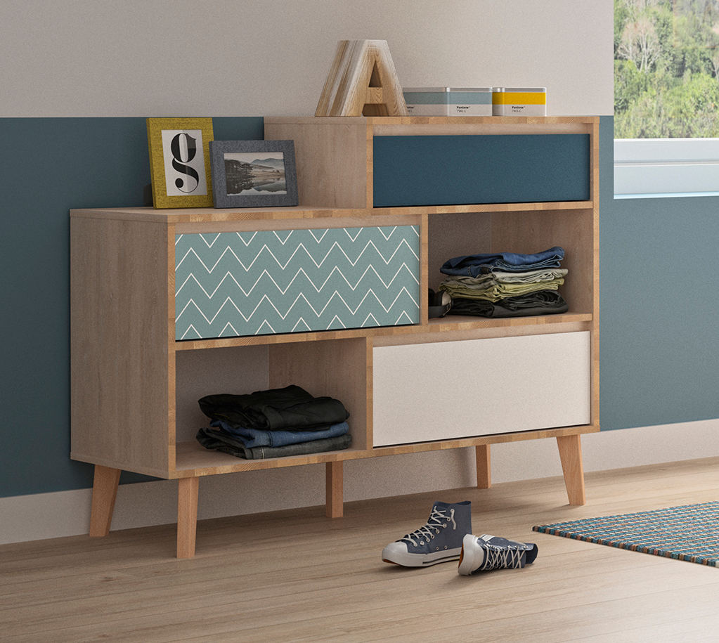 Insi Larvik Συρταριέρα με 3 συρτάρια 110x40x93/72εκ. Blond Oak/Λευκό/Μπλε 0201.GM58 Insi Larvik Συρταριέρα με 3 συρτάρια 110x40x93/72εκ. Blond Oak/Λευκό/Μπλε 0201.GM58