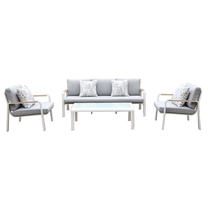 WOODWELL Ε6872,2LATINO Set Σαλόνι Κήπου 4τεμ, Αλουμίνιο Άσπρο, Μαξιλάρια Ανοιχτό Γκρι, Γυαλί Άσπρο 2 Πολυθρ+1 Καναπ+1 Τραπεζάκι Ε6872,2