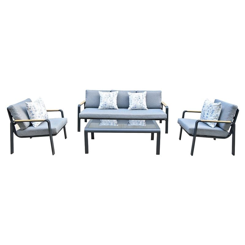 WOODWELL Ε6872,1LATINO Set Σαλόνι Κήπου 4τεμ, Αλουμίνιο Μαύρο, Μαξιλάρια Γκρι, Γυαλί Μαύρο 2 Πολυθρ+1 Καναπ+1 Τραπεζάκι Ε6872,1