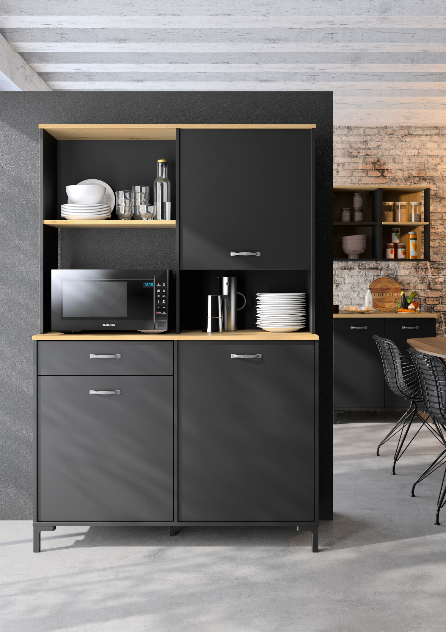 Insi Manchester μπουφές για κουζίνα 119x41x180εκ. Helvezia Oak / Black 009.GM39 Insi Manchester μπουφές για κουζίνα 119x41x180εκ. Helvezia Oak / Black 009.GM39