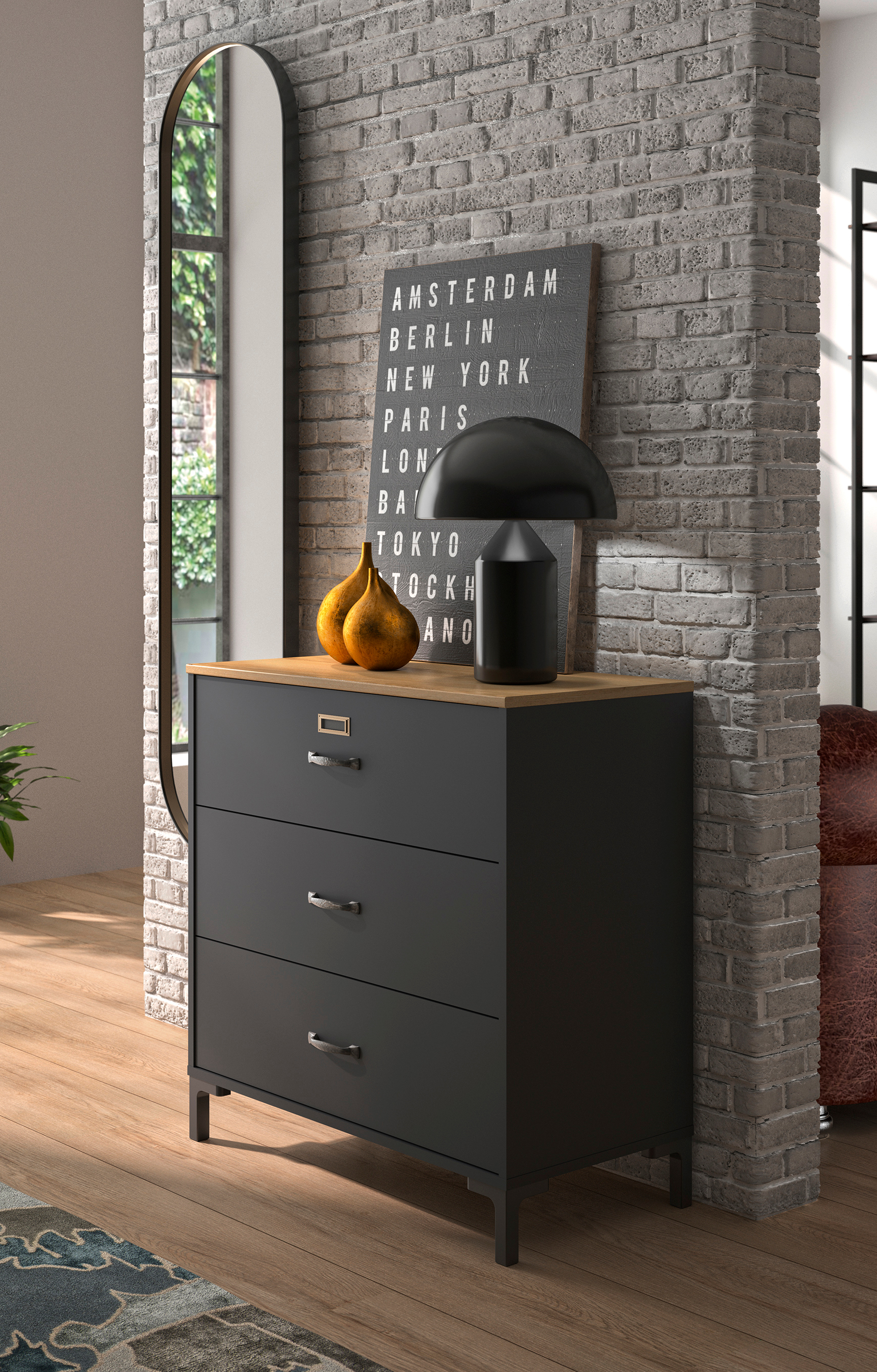 Insi Manchester συρταριέρα με 3 συρτάρια 81x40x82εκ. Helvezia Oak / Black 0201.GM46 Insi Manchester συρταριέρα με 3 συρτάρια 81x40x82εκ. Helvezia Oak / Black 0201.GM46