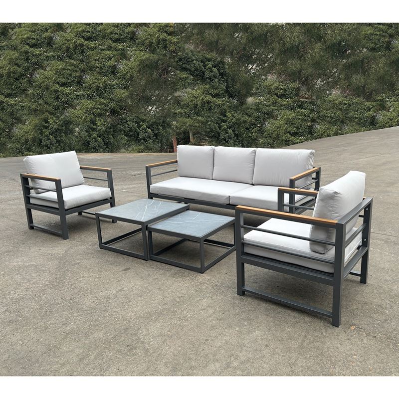 WOODWELL MARILIAN Set Σαλόνι Κήπου, 5τεμ, Μέταλλο Βαφή Ανθρακί, Μαξιλάρια Γκρι 2 Πολυθρ+1 Καναπ+2 Τραπεζάκια Ε6871,1