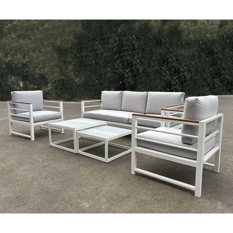 WOODWELL MARILIAN Set Σαλόνι Κήπου, 5τεμ, Μέταλλο Βαφή Άσπρο, Μαξιλάρια Γκρι 2 Πολυθρ+1 Καναπ+2 Τραπεζάκια Ε6871,2