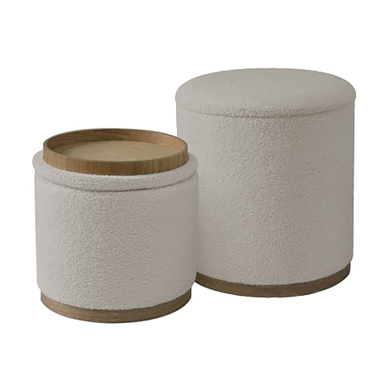 WOODWELL MATIC Set-2 Σκαμπό-Τραπεζάκι με Αποθηκευτικό Χώρο, Teddy Ύφασμα Εκρού Φ38cm H.45cm + Φ34cm H.32cm Ε70401