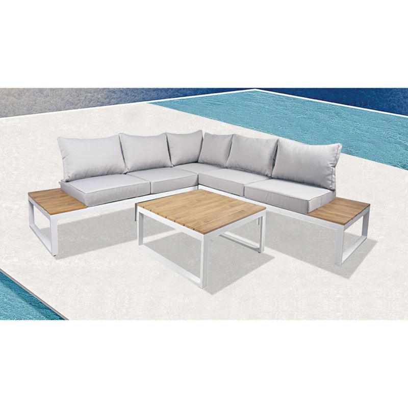 WOODWELL Ε6867,1MEXICO Set Σαλόνι Κήπου Καναπές Γωνία + Τραπεζάκι Alu Άσπρο, Μαξιλάρια Γκρι 217x217x70 H.65 / 70x70x34 cm Ε6867,1