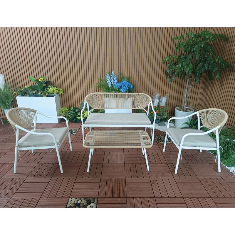 WOODWELL Ε257,1PALERMO Set Καθιστικό Κήπου Μεταλλικό Άσπρο,Wicker Φυσικό: Τραπέζι+2 Θέσιος+2 Πολυθρόνες 88x48x40-124x63x78-60x63x78cm Ε257,1