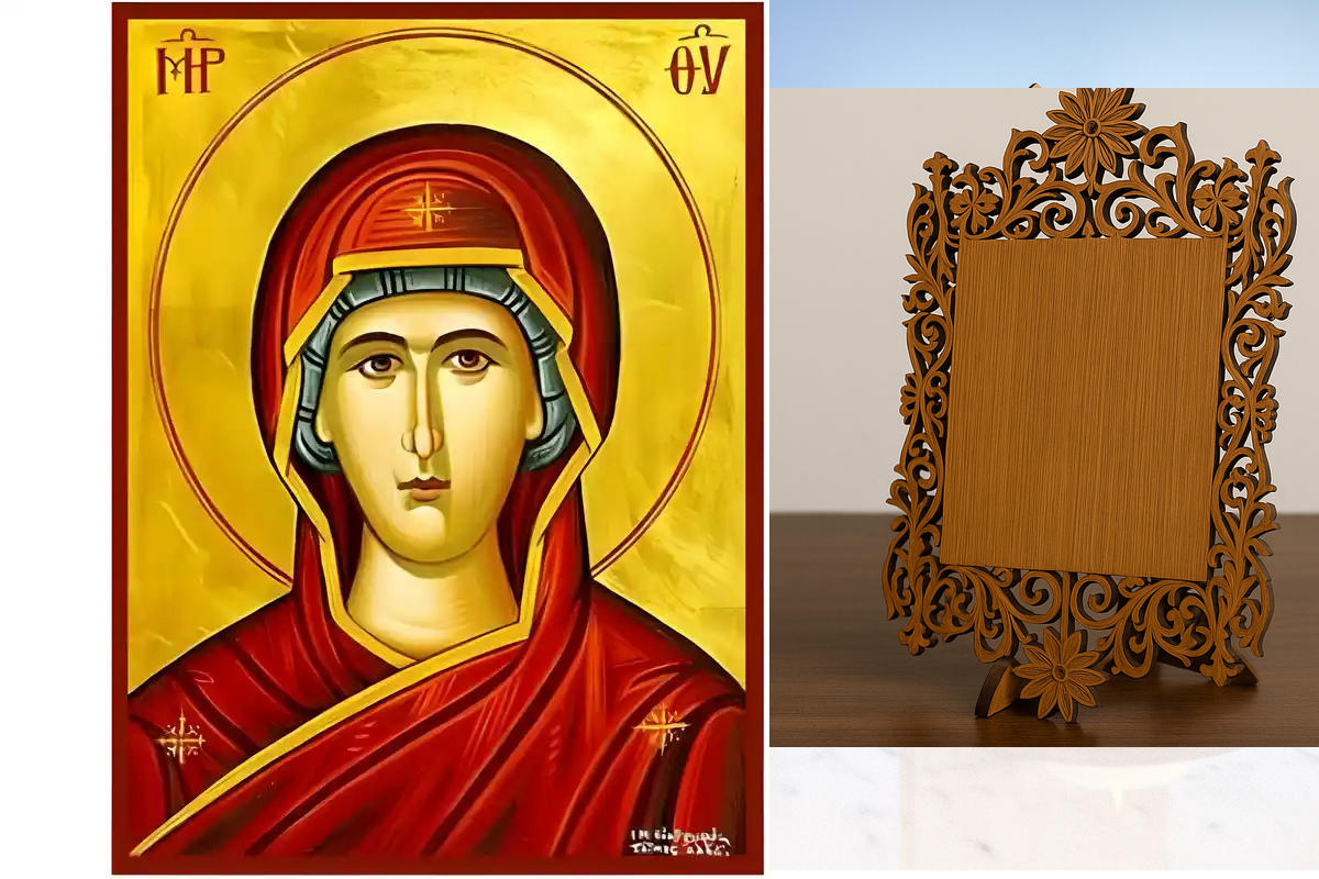 Σετ των 2 Εικόνα Ορθοδοξίας Δαντέλα μαζι με  Βάση σε  8 χρώματα με περίγραμμα χρυσό σε ξύλο Plywood (Πλακάζ)   με  βάση Εικόνα Παναγία - Προτομή Χειροποίητη Ελληνορθόδοξη , Κρεμαστή πλάκα βυζαντινής τέχνης, χριστιανική τέχνη Διάσταση 10x7 cm (3,9 x 2,8 ίν