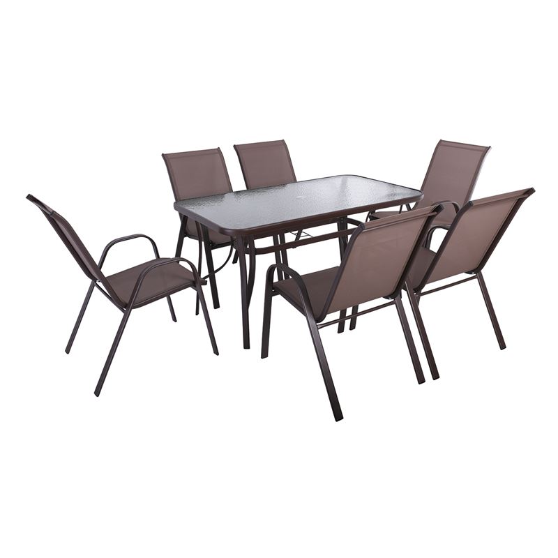 WOODWELL Ε250,9RIO Set Τραπεζαρία Κήπου Μέταλλο Καφέ, Textilene Καφέ: Τραπέζι + 6 Πολυθρόνες Table:150x90x71 Armch:55x74x91 Ε250,9