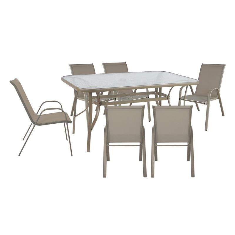 WOODWELL Ε250,82RIO Set Τραπεζαρία Κήπου Μέταλλο Βαφή Μπεζ, Textilene Μπεζ: Τραπέζι + 6 Πολυθρόνες Table:150x90x71 Armch:55x74x91 Ε250,82