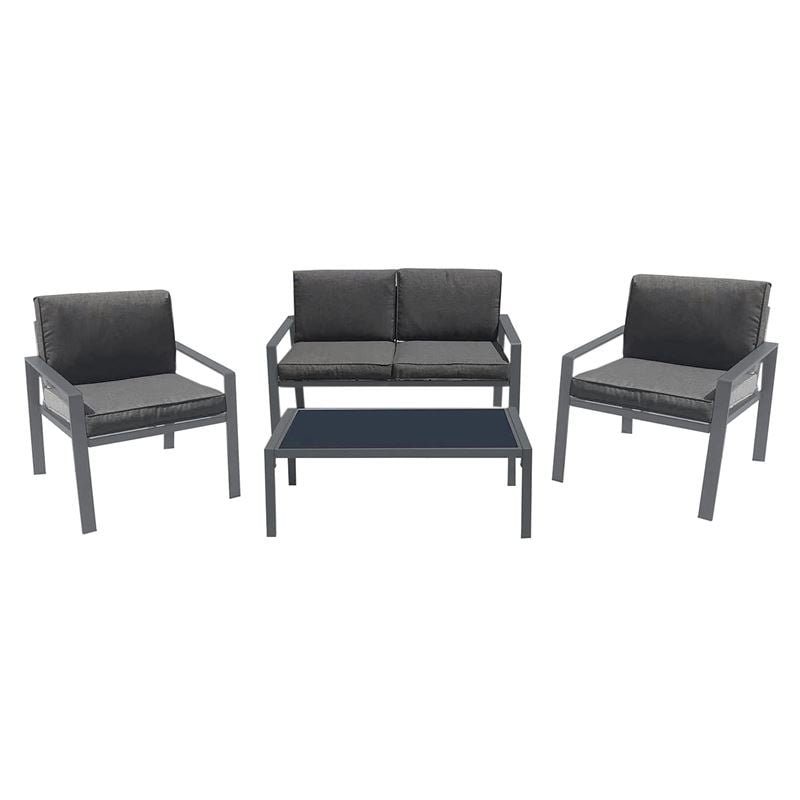 WOODWELL RIVIAN Set Σαλόνι Κήπου 4τεμ, Μέταλλο Βαφή Ανθρακί, Μαξιλάρια Γκρι 90x50x35/120x79x73/65x79x73 cm Ε6846
