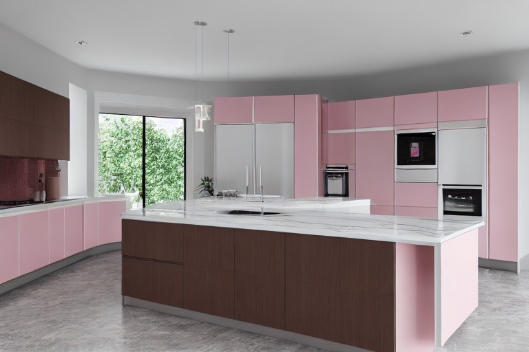 Intrahome Σύνθεση Έπιπλο Κουζίνας χρώματος Ροζ & Λευκό σχεδίου Με Χερσόνησο  με blum μεντεσεδες και συρτάρια 10  ΜΕΤΡΑ ΤΡΕΧΟΝ intra325133254292