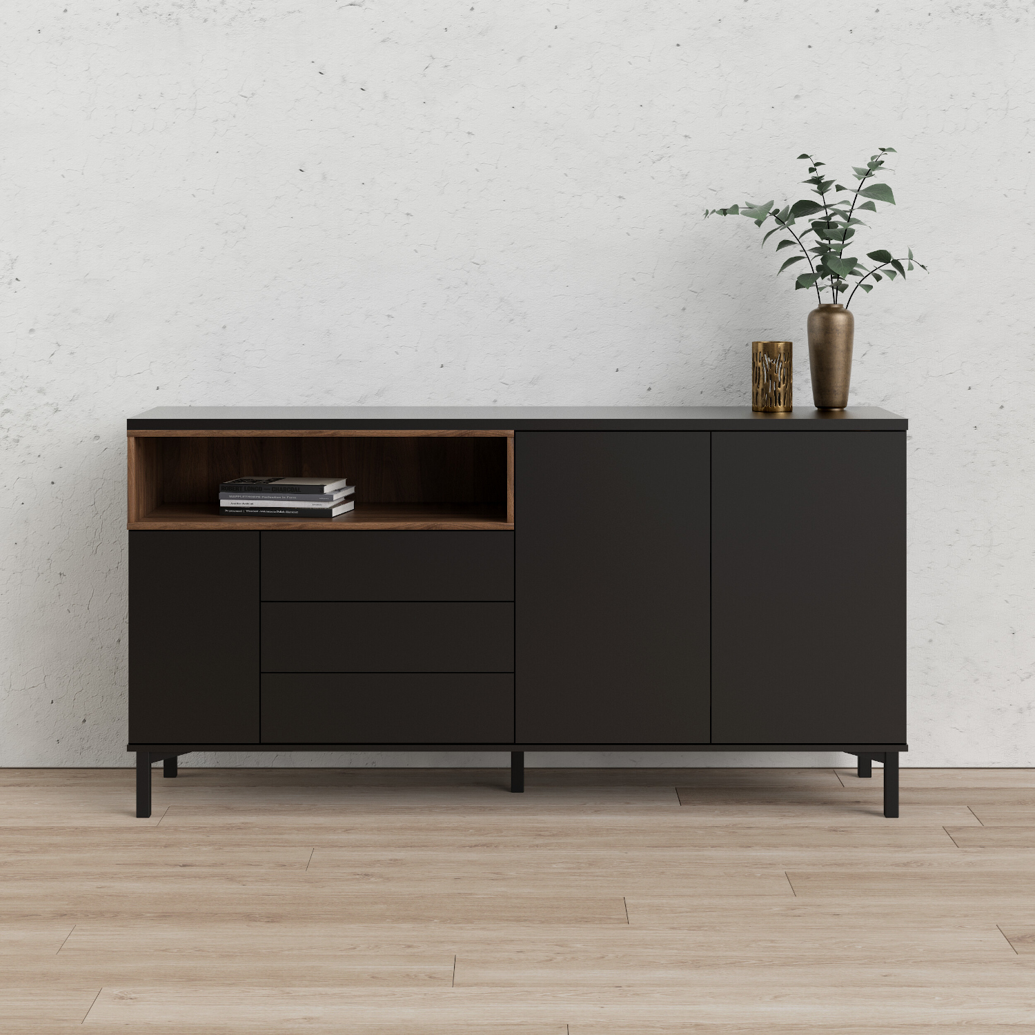 Insi Roomers μπουφές με 3 πόρτες και 3 συρτάρια 175,7×48,25×89,8εκ. Μαύρο / Καρυδί 009.TV78 Insi Roomers μπουφές με 3 πόρτες και 3 συρτάρια 175,7×48,25×89,8εκ. Μαύρο / Καρυδί 009.TV78