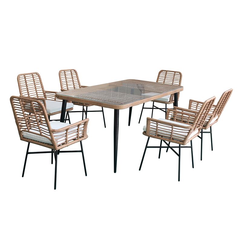 WOODWELL Ε280,S1SALSA Τραπεζαρία Κήπου:Μέταλλο Βαφή Μαύρο, Wicker Φυσικό: 6 Πολυθρόνες+Τραπέζι, Μαξ.Άσπρο Tab:180x90x74 Armch:58x63x85cm Ε280,S1