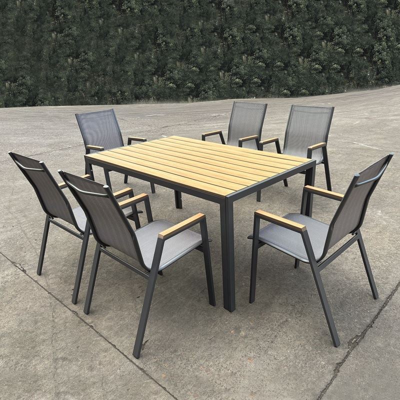 WOODWELL VIRNA Set Τραπεζαρία: Τραπέζι + 6 Πολυθρόνες, Μέταλλο Βαφή Ανθρακί, Polywood Φυσικό Table:150x90x73 Chair:56x63x90 Ε6797,1S