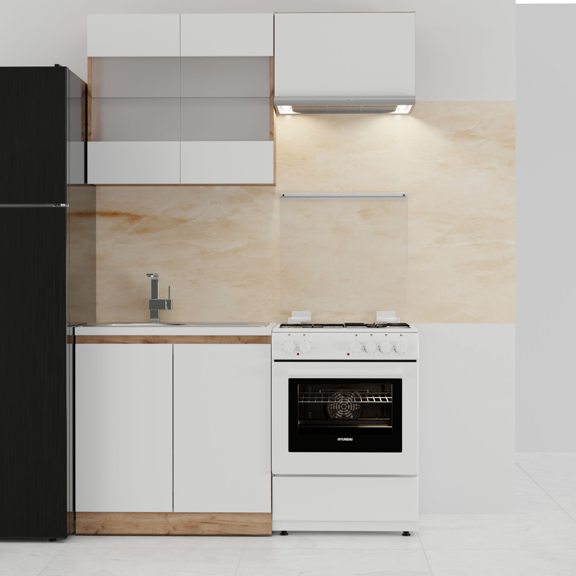 Κουζίνα Soft Σέτ 3 Λευκό με βελανιδιά Σέτ 3 κουτιών Άνω 140εκ Κάτω 80εκ SO-SOFTSET3