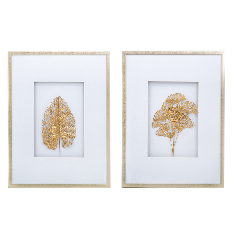 Artekko Botanicial Πίνακας με Φύλλα Ξύλο Γυαλί Χρυσό (60x3x80)cm Σετ/2 Artekko 83434-SA