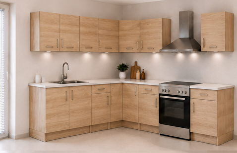 Omarket Γωνιακή Κουζίνα 90 337x237 Πλάτος 574 κουτία 84cm / 41cm / Γωνία 90x90 / 49cm / 57cm Κρεμαστά – Βάσεις μαζί με πάγκο μελαμίνης 3,2cm Omarket-sono82375745