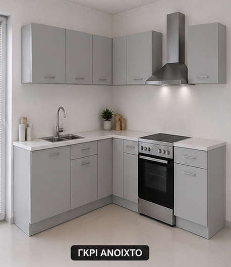 Omarket Γωνιακή Κουζίνα 94 151x154 Πλάτος 305 κουτία 61cm / 58cm / Γωνία 90x90 / 64cm / 63cm Κρεμαστά – Βάσεις μαζί με πάγκο μελαμίνης 3,2cm  Omarket-gkri231282376145